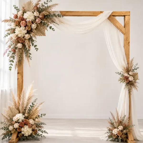 Arche en bois mariage Arche en bois de mariage avec voilage blanc et compositions florales dans des tons nude, blush, crème et feuillage, installée dans un décor élégant.