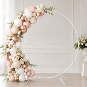 Arche ronde en métal blanc décorée avec ballons rose poudré, nude, blanc et rose gold, fleurs claires et feuillage dans un décor événementiel chic.