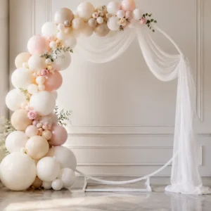 Arche ronde en métal blanc avec pied central, décorée de ballons pastel blanc, nude et rose poudré, avec voilage blanc et touches florales.