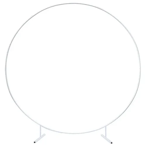Arche ronde en métal blanc sur pieds, disponible à la location pour décoration de mariage, anniversaire, baptême, baby shower ou événement professionnel.
