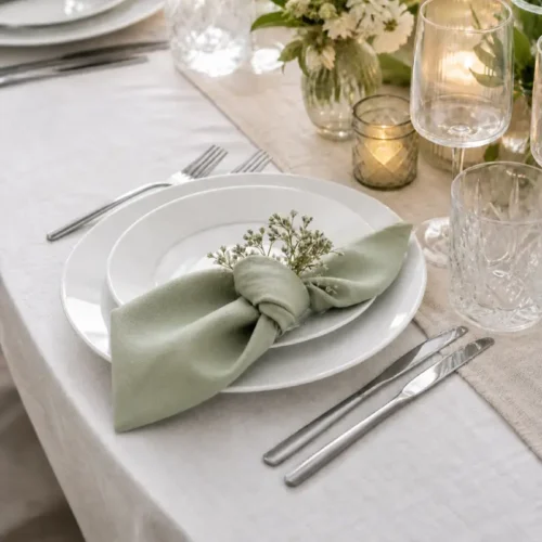 Assiette plate blanche en porcelaine de 20 cm dressée sur une table élégante avec serviette vert sauge, fleurs, verres et couverts argentés.