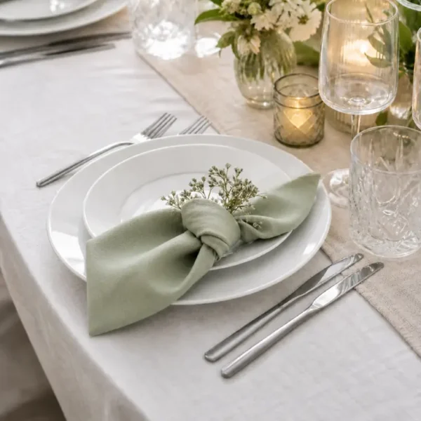 Assiette plate blanche en porcelaine de 20 cm dressée sur une table élégante avec serviette vert sauge, fleurs, verres et couverts argentés.