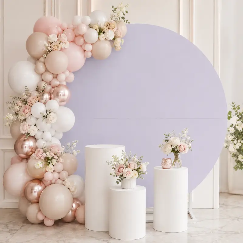 Backdrop rond blanc sur pied décoré avec ballons rose poudré, blanc et nude, fleurs claires et trois colonnes blanches devant.