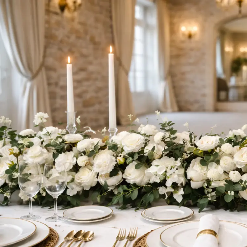 Chemin de fleurs blanches avec eucalyptus et bougies pour décoration de table de mariage élégante