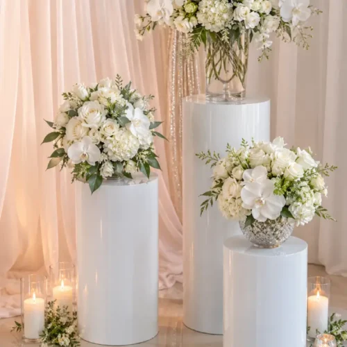 Trois colonnes blanches de différentes hauteurs décorées avec compositions florales blanches et bougies, devant un fond drapé élégant aux tons ivoire et champagne.