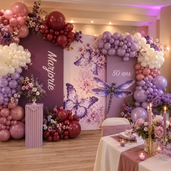 Décor anniversaire 50 ans pour Marjorie avec panneaux mauves, ballons roses, blancs, violets et bordeaux, papillons, grande libellule décorative et table décorée.
