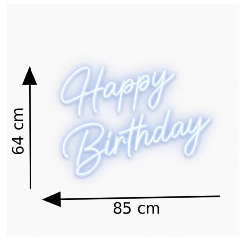 Néon Happy Birthday blanc lumineux en écriture cursive sur fond clair, disponible pour une décoration d’anniversaire ou un photocall événementiel.