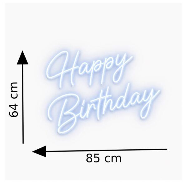 Néon Happy Birthday blanc lumineux en écriture cursive sur fond clair, disponible pour une décoration d’anniversaire ou un photocall événementiel.