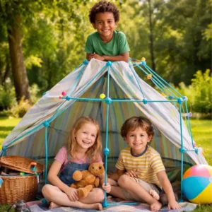 Enfants jouant dans une cabane en extérieur avec un jeu de construction de bâtons et connecteurs.