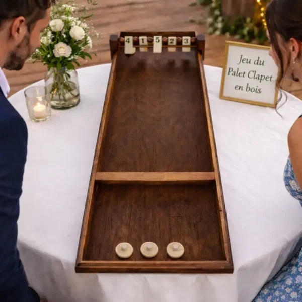 Jeu du Palet Clapet en bois en location pour animation mariage et événement dans le Loiret et sud Île-de-France