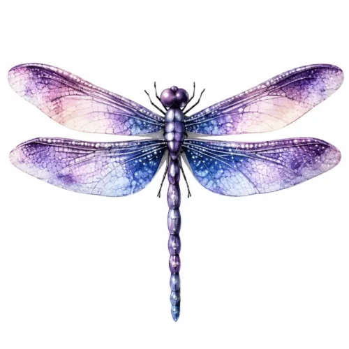 Libellule décorative violette et bleue avec ailes translucides sur fond blanc, utilisée pour une décoration d’anniversaire, photocall ou thème papillons et fleurs.