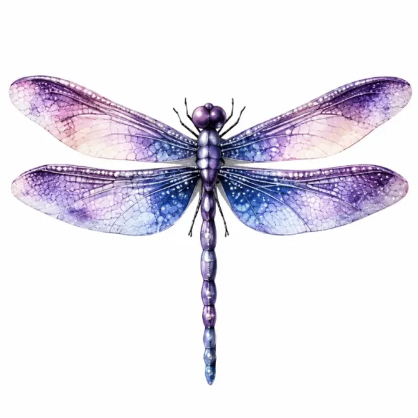 Libellule décorative violette et bleue avec ailes translucides sur fond blanc, utilisée pour une décoration d’anniversaire, photocall ou thème papillons et fleurs.
