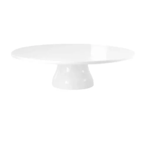 Présentoir à gâteau blanc en porcelaine sur fond blanc avec pied central, disponible à la location pour mariage, anniversaire, baptême ou sweet table.