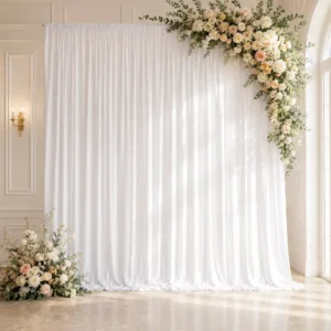 Rideau blanc événementiel installé sur une barre transversale avant avec décoration florale, utilisé pour cacher les barres latérales d’une structure backdrop.