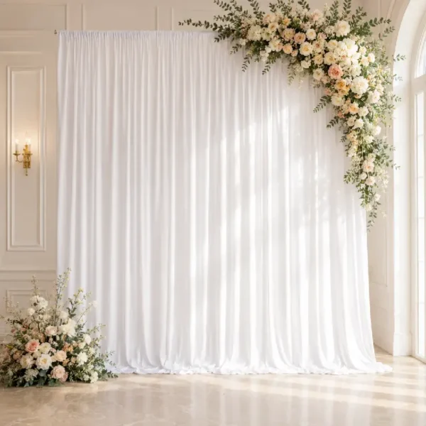 Rideau blanc événementiel installé sur une barre transversale avant avec décoration florale, utilisé pour cacher les barres latérales d’une structure backdrop.