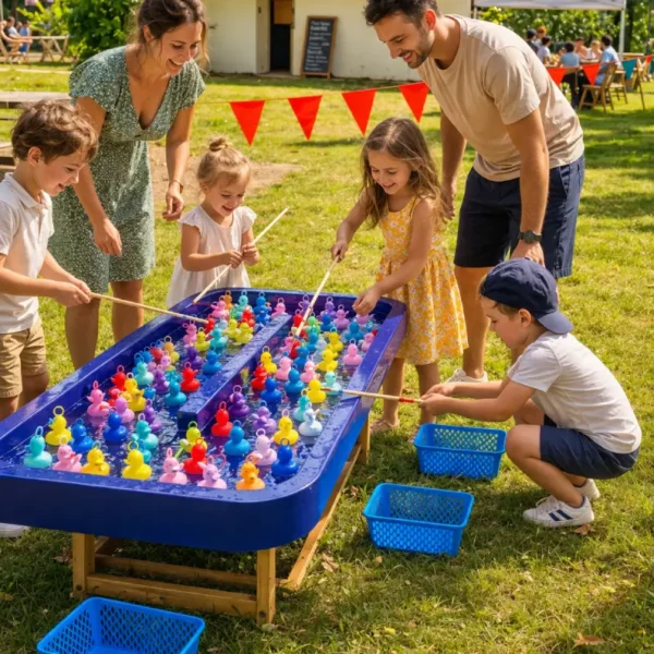 Enfants et adultes jouant à la pêche aux canards lors d’une animation familiale en extérieur.