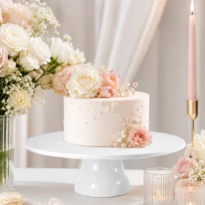 Présentoir à gâteau blanc avec gâteau fleuri, fleurs rose poudré et blanches, bougies et macarons dans une décoration événementielle raffinée.