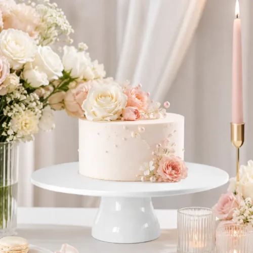 Présentoir à gâteau blanc avec gâteau fleuri, fleurs rose poudré et blanches, bougies et macarons dans une décoration événementielle raffinée.