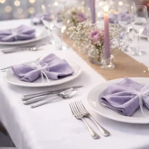 Table de réception élégante avec serviettes de table lilas pliées sur des assiettes blanches, verrerie fine, bougie et composition florale.