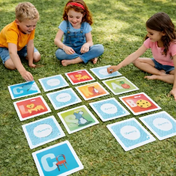 Enfants jouant au memory géant sur l’herbe avec de grandes cartes illustrées.