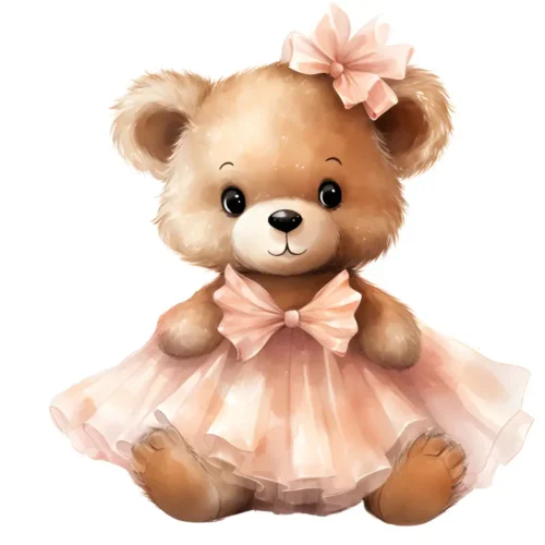 Ourson décoratif avec robe rose et nœuds, utilisé pour une décoration événementielle en location.