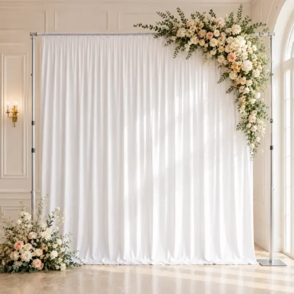 Structure télescopique autoportante avec rideaux blancs, barres latérales visibles et décoration florale dans un décor événementiel élégant.