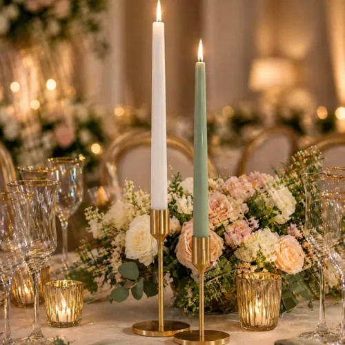 Deux bougies flambeaux LED haut de gamme, blanche et vert sauge, allumées dans des bougeoirs dorés sur une table de mariage élégante avec fleurs et verrerie.