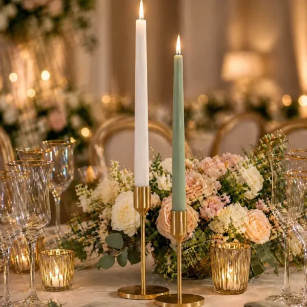 Deux bougies flambeaux LED haut de gamme, blanche et vert sauge, allumées dans des bougeoirs dorés sur une table de mariage élégante avec fleurs et verrerie.