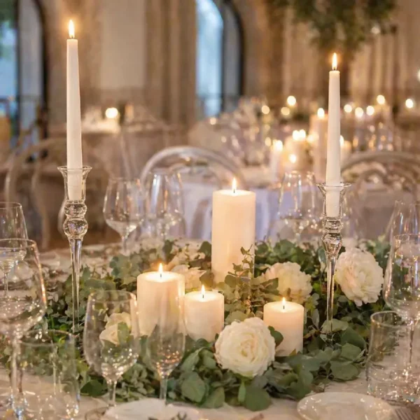 Bougies piliers LED blanches allumées au centre d’une table de réception décorée avec fleurs, feuillage et chandeliers en verre.