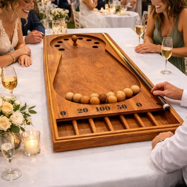 Jeu en bois Billard Carrousel installé sur une table lors d’une animation pour un mariage ou un événement convivial.