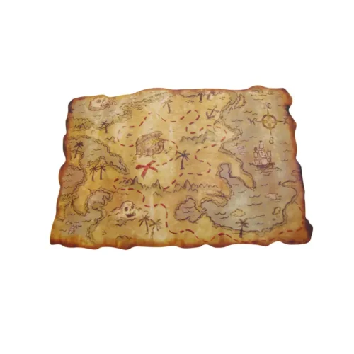 Carte au trésor pirate plastifiée avec dessins d’île, pointillés rouges, crâne, bateau et rose des vents sur fond blanc.
