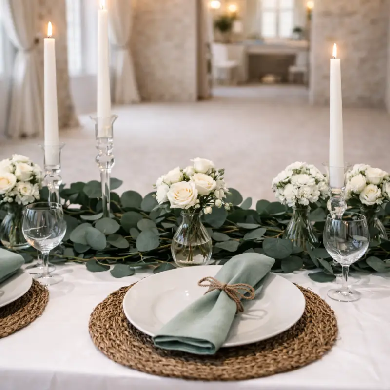 Guirlande d’eucalyptus en chemin de table avec bougies et fleurs blanches pour décoration de mariage