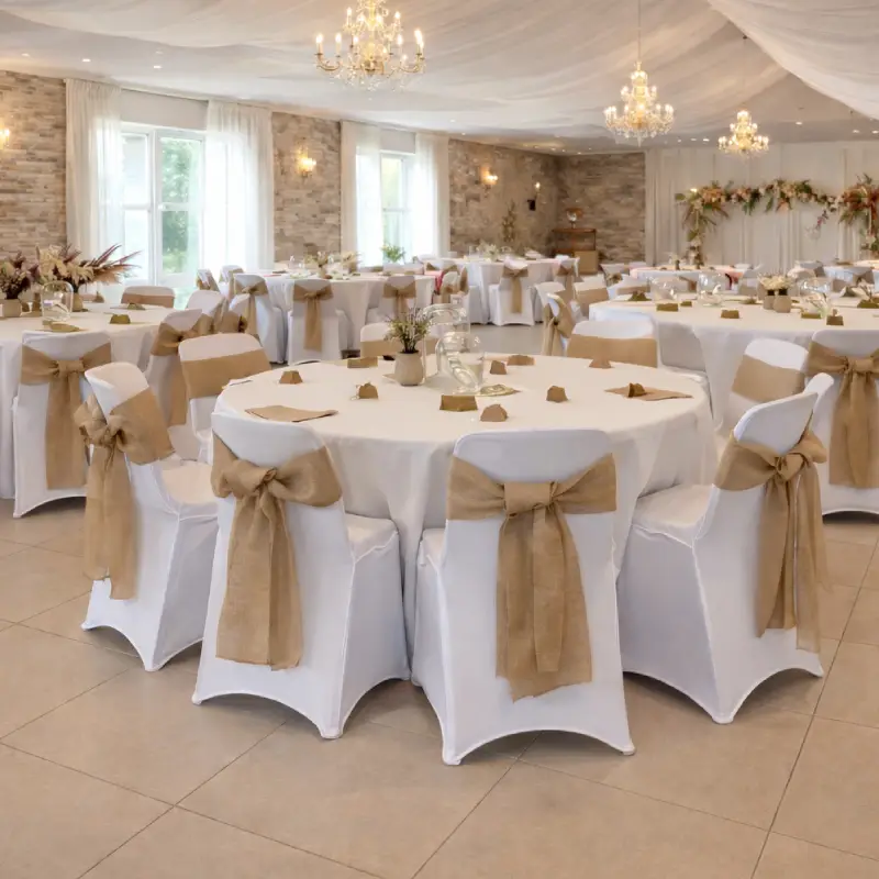 Salle de réception décorée avec housses de chaises blanches et nœuds en toile de jute autour de tables rondes.
