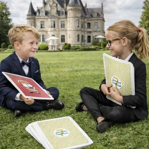 Enfants en tenue élégante jouant au jeu de 7 familles géant sur l’herbe devant un château.