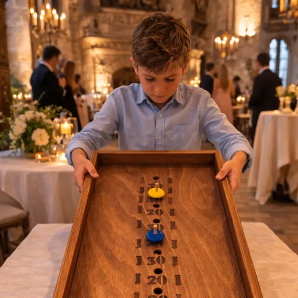 Jeu de toupies en bois installé sur une table lors d’un événement pour une animation conviviale lors d’un mariage ou d’une réception.