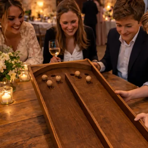 Animation jeu en bois double chinois sur table rustique lors d’un événement dans une salle de réception.