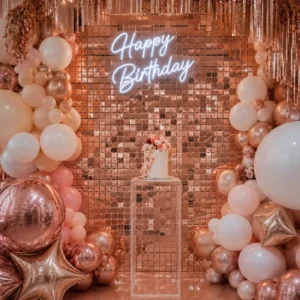 Décor d’anniversaire avec mur de sequins rose gold, néon Happy Birthday, ballons rose gold, blanc et nude, et support transparent avec gâteau.