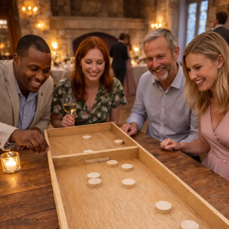 Convives jouant à la planche à rebond, un jeu en bois convivial proposé en location pour animer un mariage ou un événement.