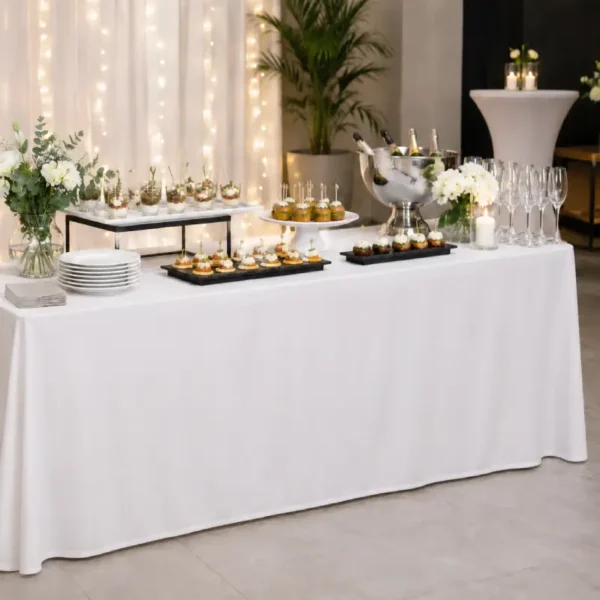 table pliante rectangulaire napée Table pliante rectangulaire recouverte d’une nappe blanche, décorée avec des fleurs, des assiettes, des verrines et des verres dans une ambiance de réception élégante.
