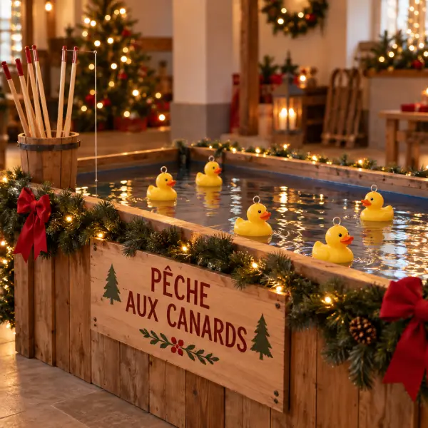 Animation pêche aux canards décorée pour Noël avec bassin en bois, canards jaunes et guirlandes lumineuses.