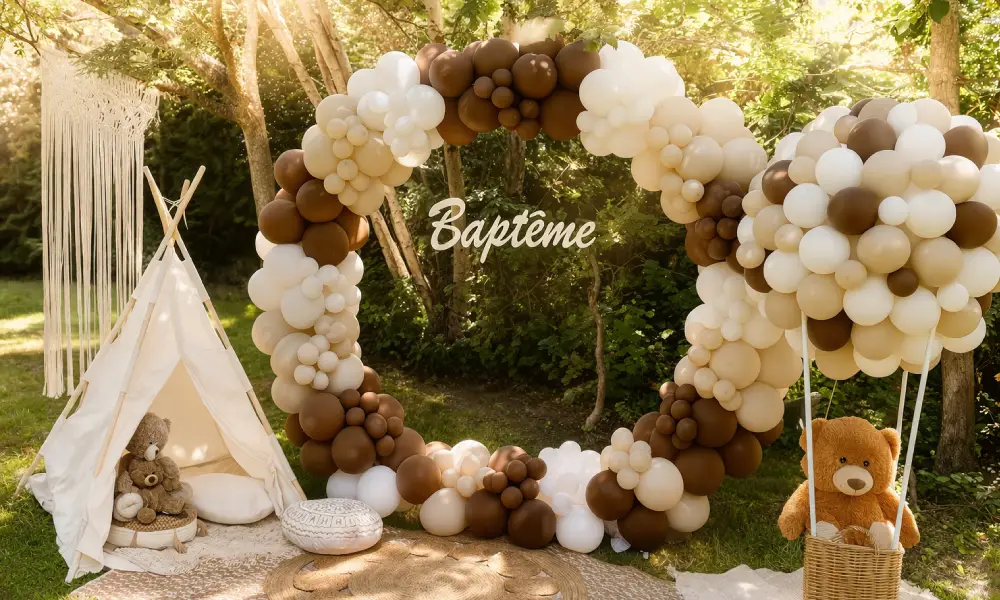 Décoration de baptême en extérieur avec arche de ballons ronde, tipi enfant et montgolfière en ballons