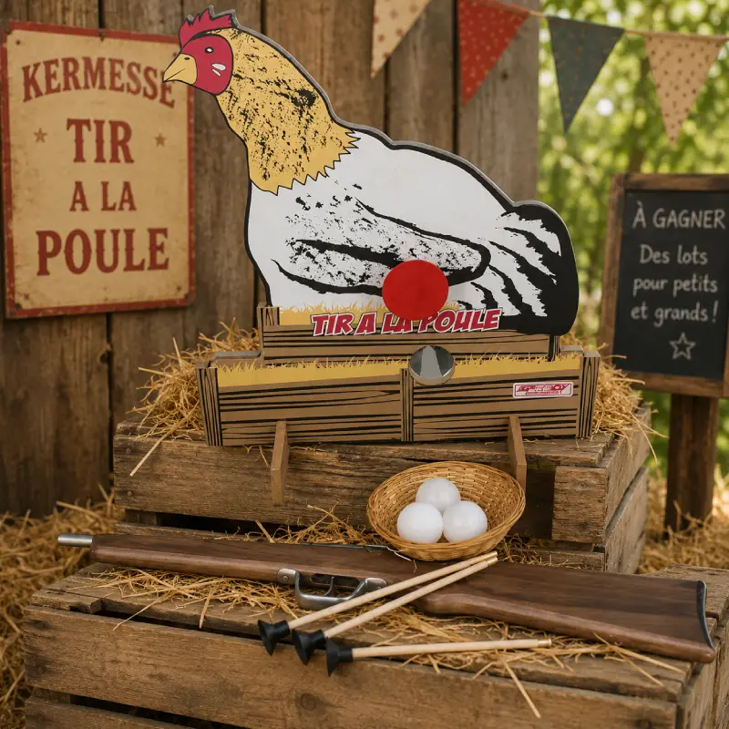 Jeu de tir à la poule présenté sur des cagettes en bois avec paille pour une kermesse d’école.