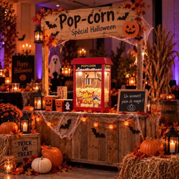 Stand de pop-corn Halloween avec machine rouge, décor de citrouilles, chauves-souris et lumières festives.