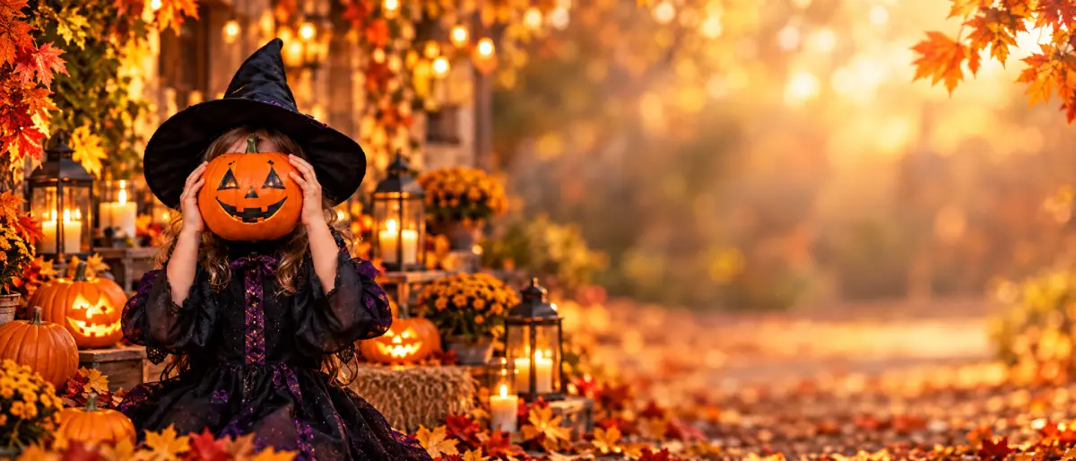 Enfant déguisée en sorcière tenant une citrouille devant son visage dans un décor Halloween automnal.