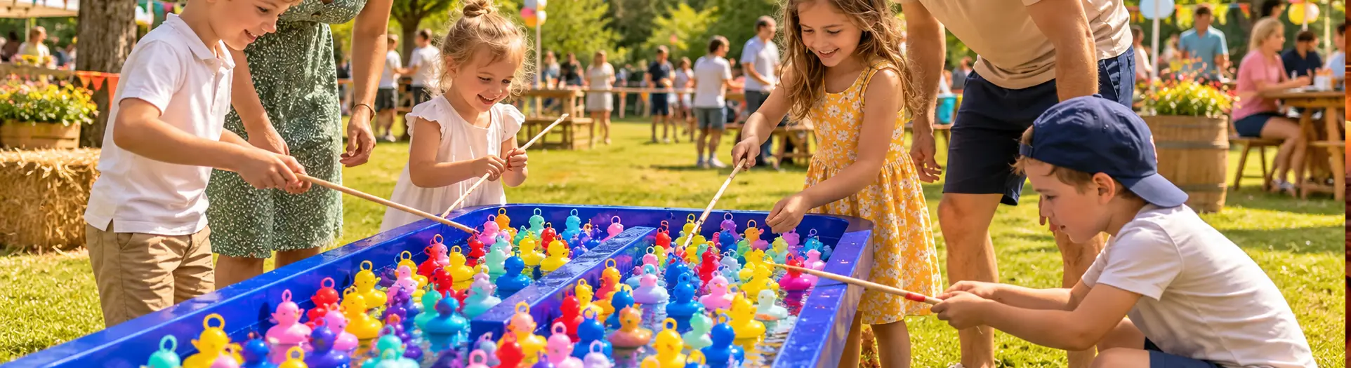 Enfants jouant à une pêche aux canards colorée lors d’un événement familial en extérieur.