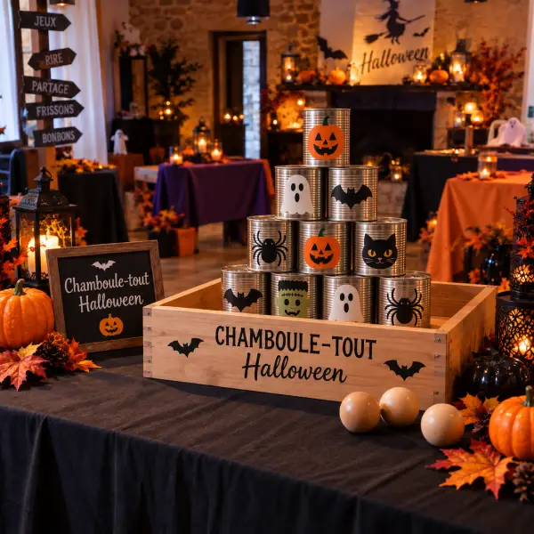 Chamboule-tout Halloween avec boîtes de conserve décorées de citrouilles, fantômes, chauves-souris et araignées.