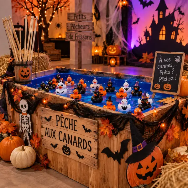 Pêche aux canards Halloween dans un bassin bleu entouré d’un décor en bois avec citrouilles et toiles d’araignée.