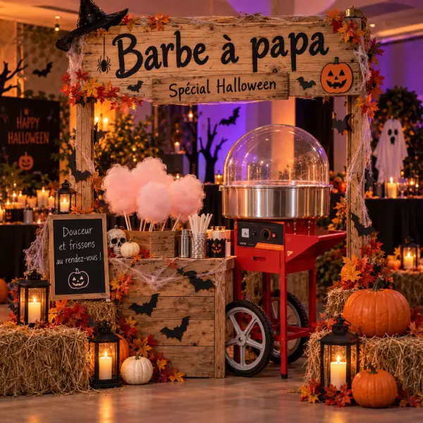 Stand de barbe à papa Halloween avec machine rouge, décor de citrouilles, chauves-souris et ambiance automnale.