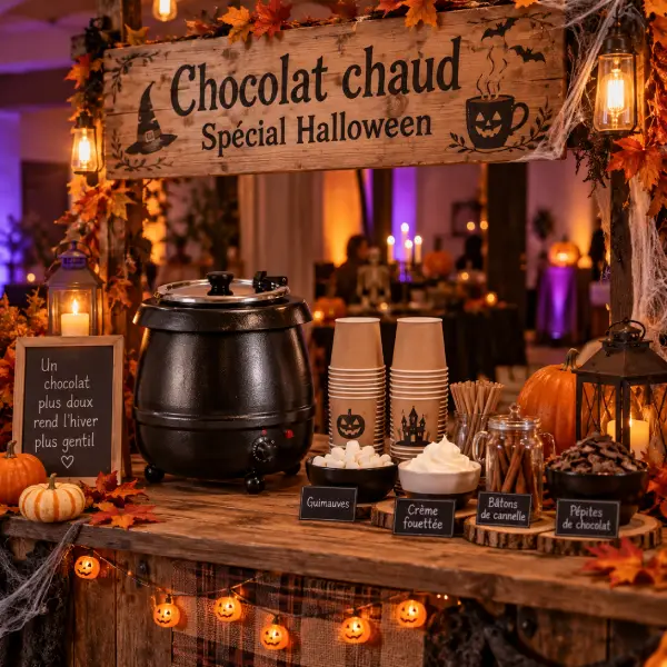 Stand de chocolat chaud Halloween avec décor de citrouilles, lanternes, feuillages d’automne et ambiance chaleureuse.
